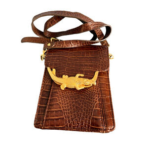 Vintage Cognac Brown Embossed Leather Crossbody Bag Golden Crocodile Snap Clasp